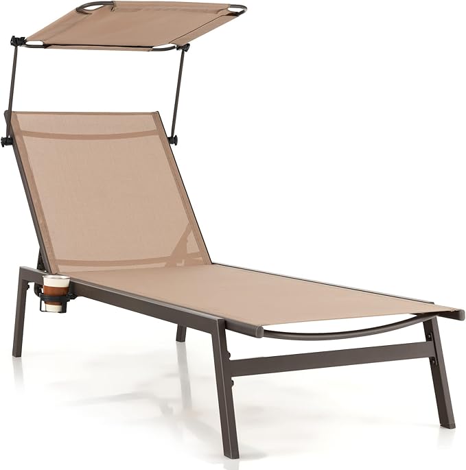 HAPPYGRILL Outdoor Chaise Lounge, 6-Position Recliner Lounger with Adjustable Sun Shade & Cup Holder, Adjustable Reclining Chair for Outside Beach Balcony Poolside