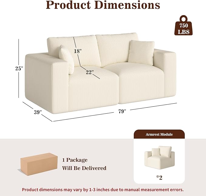 79" Modular Sectional Sofa, Cloud Couch Loveseat Memory Foam Boneless Couch with Chaise, Cozy Upholstered Corduroy Floor Couch, No Assembly Required Living Room Furniture for Apartment, Beige