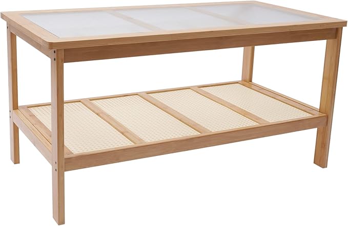 2 Tier Pedestal Coffee Table Glass Top Coffee Table Sofa Tables with Open Storage Living Room Furniture, Double Layer Modern Living Room Table Tea Table Low Table for Sitting on The Floor