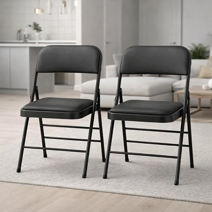 Amazing for less Pack of 2 (Fabric/Vinyl) Steel Frame Metal Foam Padded Folding Chairs (Black, Gray, White) (2-Pack - Vinyl Black)