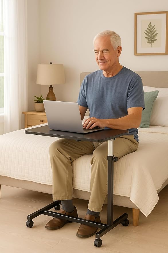 Adjustable Overbed Table on Wheels – Height Adjustable from 30” to 42” – H-Base Rolling Bedside Table for Home, Hospital & Nursing Use – Supports 50 lbs – 15” Wide Surface