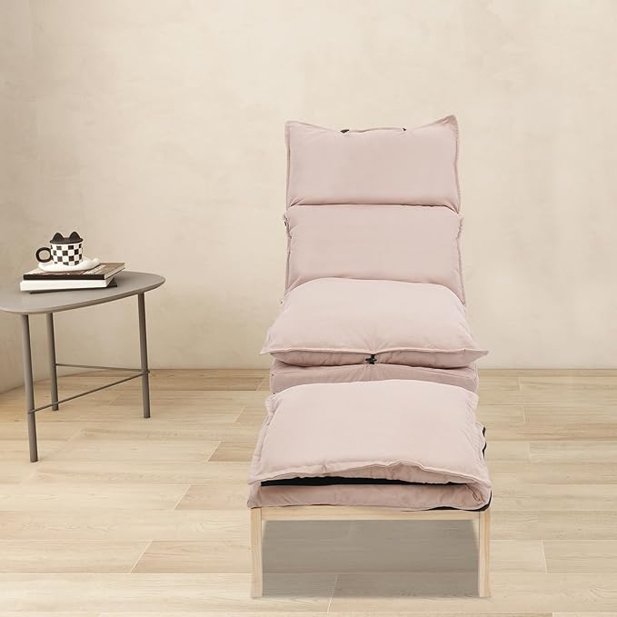 Single Lazy Leisure Chair, Adjustable Recliner Balcony Reclining Japanese Tatami Chair with Ottoman, Floor Seating Lounge Chair with Backrest and Footrest, Upholstered Chair for Living Bedroom (Beige)