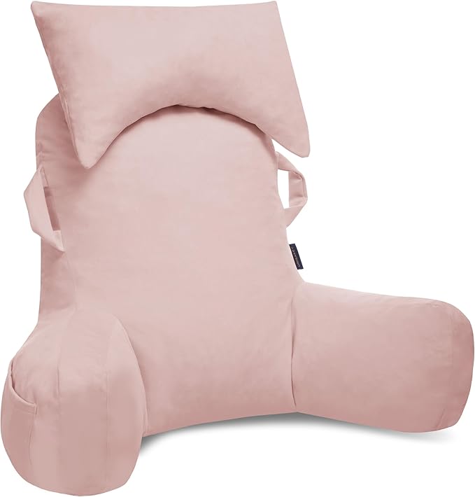 Unisakey Portable Reading Pillows with Headrest for Bed Sitting Up(Pink Oeko-Tex), Velvet Back Pillow with Arms & Pockets for Adults, Support Memory Foam Bed Pillow for Dorm/Reading/Watching/Gaming