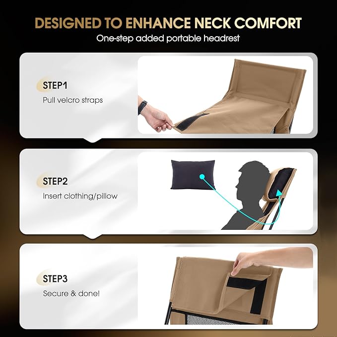 MOON LENCE Oversized High Back Camping Chair for Adults, Height Adjustable Folding Camping Chair with 400 lbs Capacity, Hidden Pillow Pocket and Wide Seat for Camping, Hiking, Picnics, Khaki