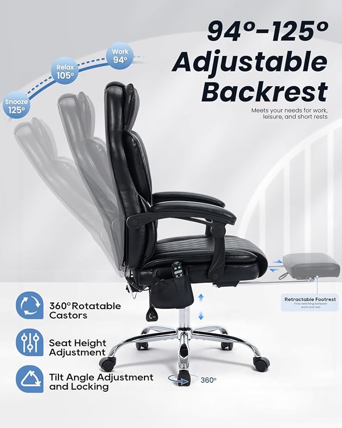 Massage Chair with Footrest and Wider Upholstered Seat, Ergonomic Executive Vibration & Heat Office Chair for Heavy People, Big and Tall Reclining Desk Office Chair for Home Office, Black