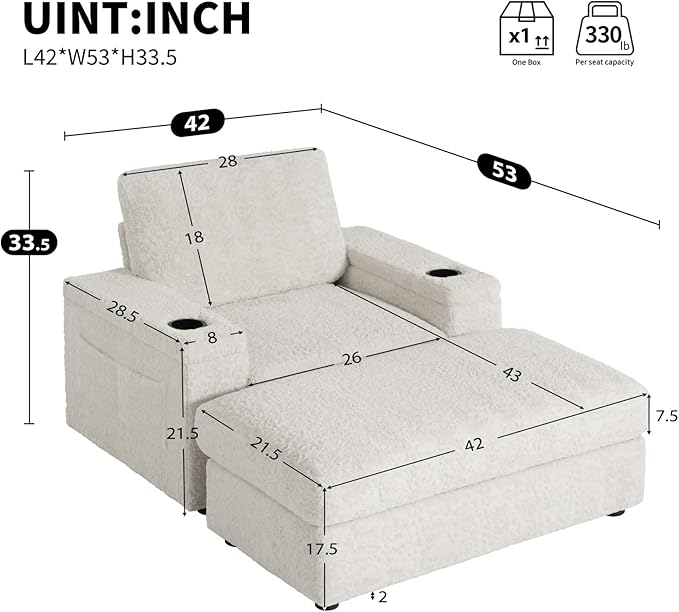 Merax Oversized Chaise Lounge Chair Indoor with Storage Armrest & Ottoman, Cup Holders, Cloud Upholstered Sleeper Sofa Bed Couch, Deep Seat Reading Recliner for Living Room Bedroom, Beige