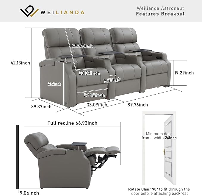 Weilianda Home Theater Seating, Top Grain Leather Sectional Seats Recliner Chair, Zero Gravity Reclining Sofa with Power Headrest 7 Colors Ambient Lighting USB C Charge Row of 3 Grey