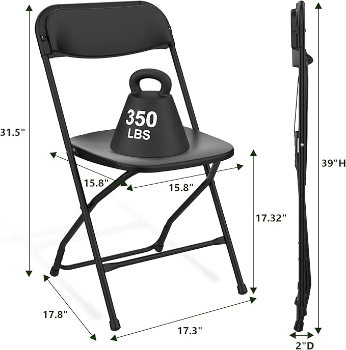Plastic Folding Chair 10 Pack, Black Foldable Chairs with 350 lbs Capacity, Indoor Outdoor Heavy Duty Metal Folding Chairs, Portable Chairs for Home, Office, Party, Wedding,Patio
