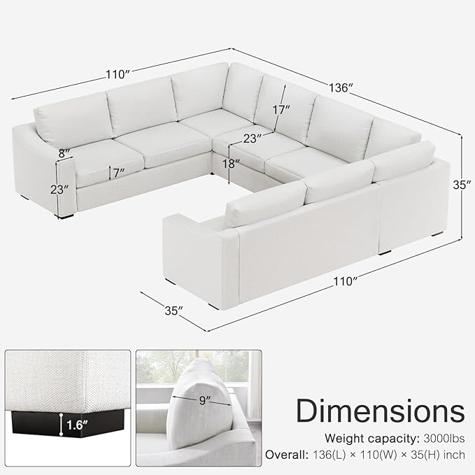 ELUCHANG Convertible Sectional Sofa, U Shaped Couch, Natural Linen Fabric Couches with Extra Deep Seats, Big Comfy Couch Upholstered Modern Corner Sofa for Living Room, Office, White
