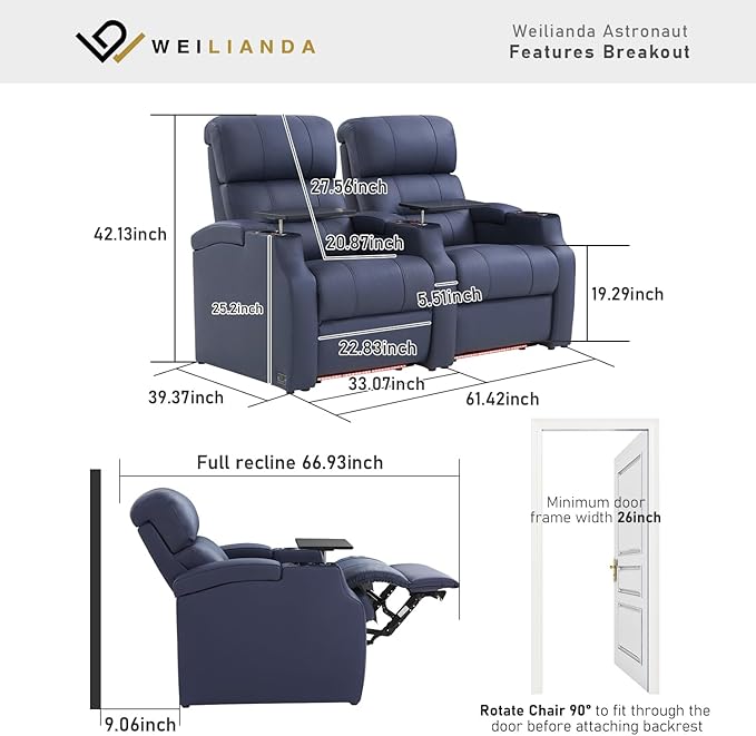 Weilianda Home Theater Seating, Top Grain Leather Sectional Seats Recliner Chair, Zero Gravity Reclining Sofa with Power Headrest 7 Colors Ambient Lighting USB C Charge Row of 2 Blue