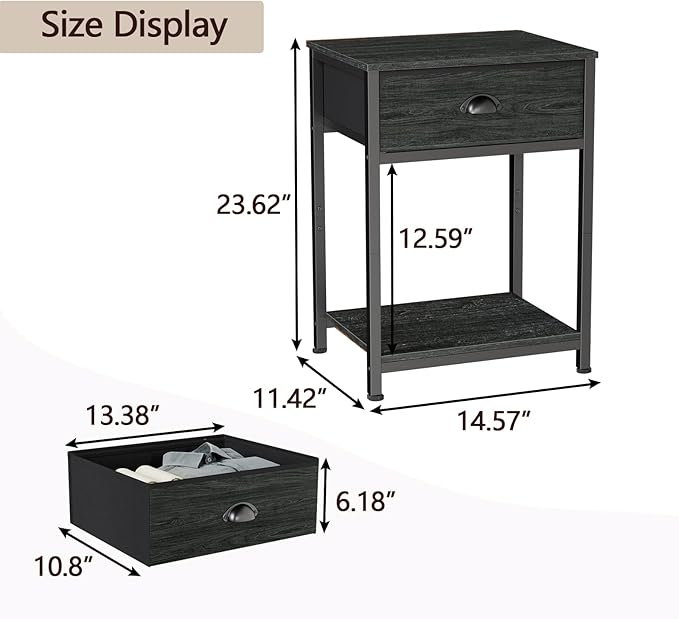 Furologee Nightstand with Fabric Drawer & Storage Shelf, Small Side Table for Small Space, 2 Tiers Industrial End Table for Living Room, Bedroom, Black Oak