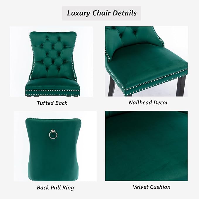 YeahFurn Green Mid Century Modern Dining Chairs Set of 2, Velvet Upholstered Kitchen & Dining Room Chairs with Nailhead Trim & Solid Wood Legs, Elegant Sillas De Comedor (Green, 2 Pcs)