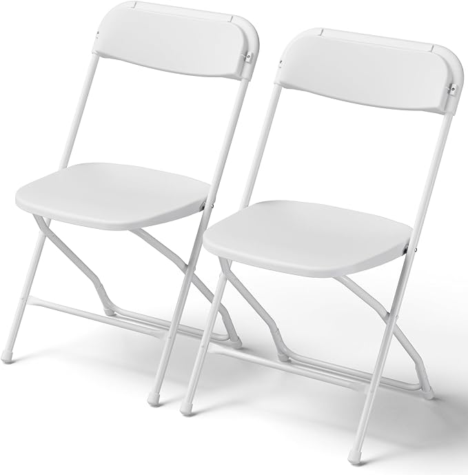 Folding Chairs 2 Pack, Plastic Folding Chairs for Outside, Heavy Duty Foldable Chairs, Sturdy Metal Folding Chairs, 350 lbs Capacity, for Patio, Garden, Camping, White