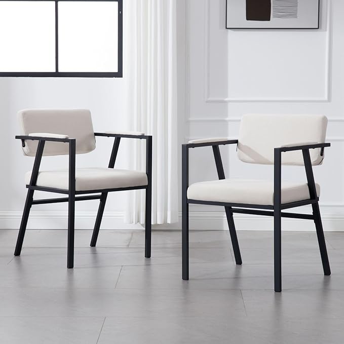 DUOMAY Modern Dining Chairs Set of 6, Linen Upholstred Side Arm Chairs Mid-Century Open Back Reception Chairs with Black Metal Legs for Kitchen Dining Room, Beige