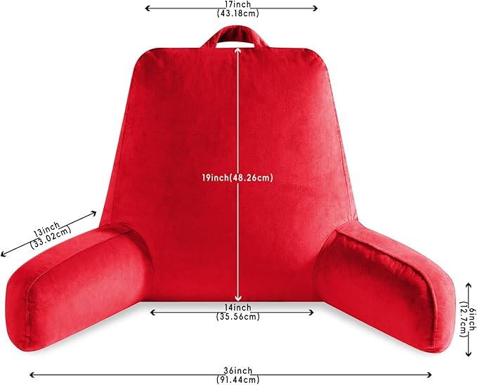 OAISZ Reading Pillow for Sitting in Bed Adult, Reading Pillow with Shredded Memory Foam, Bed Pillow with Washable Cover, Back Pillow Sitting Up with Extend Arms, Red, X-Large