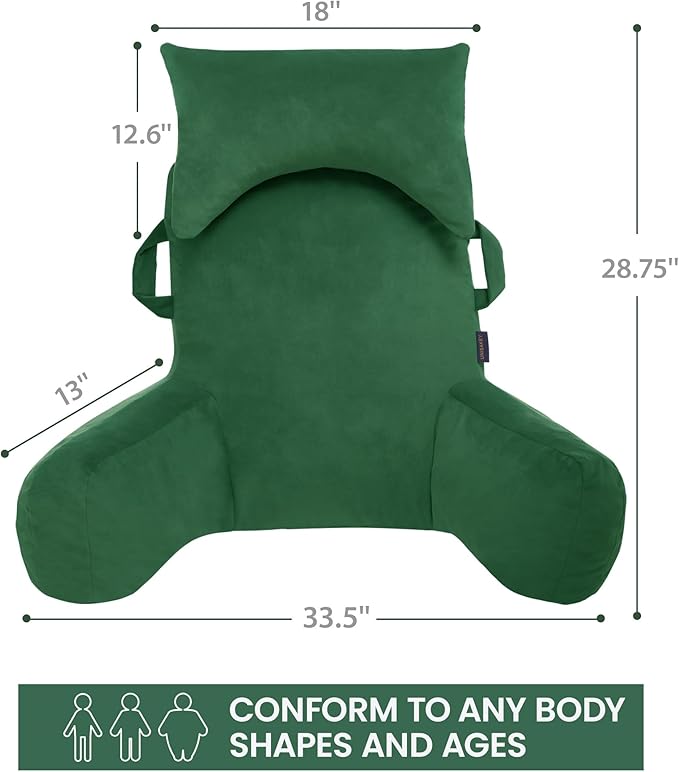 Unisakey Portable Reading Pillows with Headrest for Bed Sitting Up(Green Oeko-Tex), Velvet Back Pillow with Arms & Pockets for Adults, Support Memory Foam Bed Pillow for Dorm/Reading/Watching/Gaming