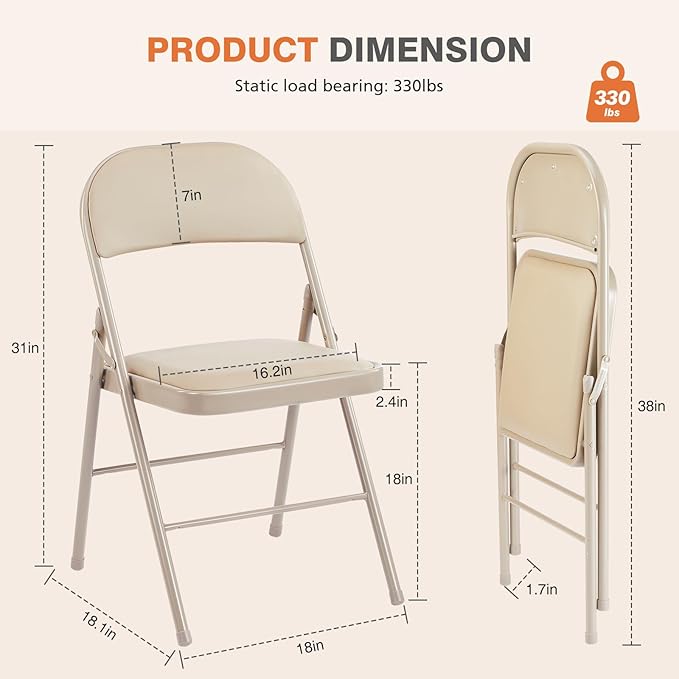 Sweetcrispy Folding Chair 4 Pack, Leather Padded Folding Chairs, Sturdy Metal Foldable Chairs, Easy to Use and Store, Outdoor and Indoor, for Home, Office, Party, Comfy, Kahki(5H98TJNL)