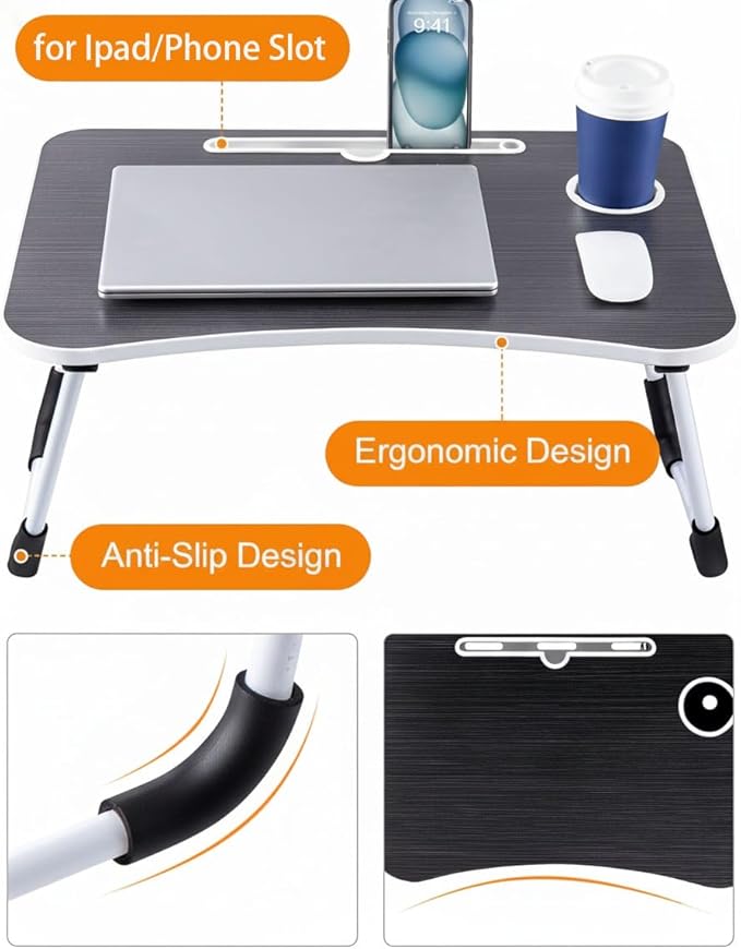 24x12in Laptop Bed Table, Foldable Lap Desk with Cup Holder & Tablet Slot, Portable Ergonomic Bed Tray for Work & Study (Black)