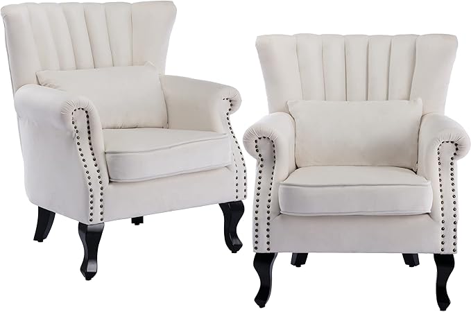 chairus Mid-Century Modern Accent Chairs Set of 2 Comfy Sofa Chairs Channel Back Armchairs with Small Pillow for Living Roon Bedroom Club - Velvet, Cream