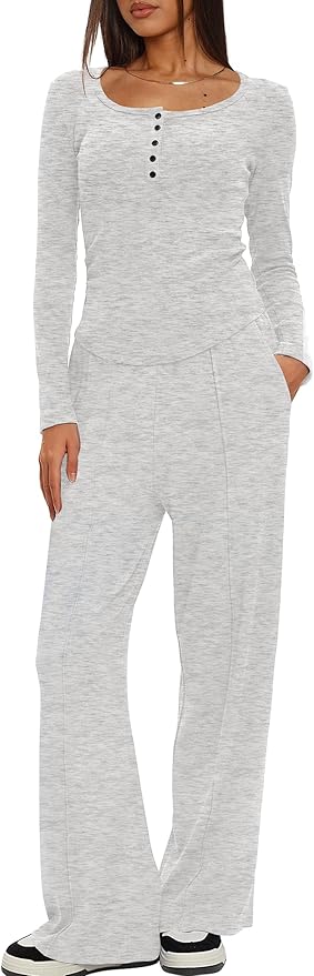 Darong Womens 2 Piece Matching Lounge Sets 2026 Long Sleeve Henley Shirts Wide Leg Pants Airport Travel Outfits
