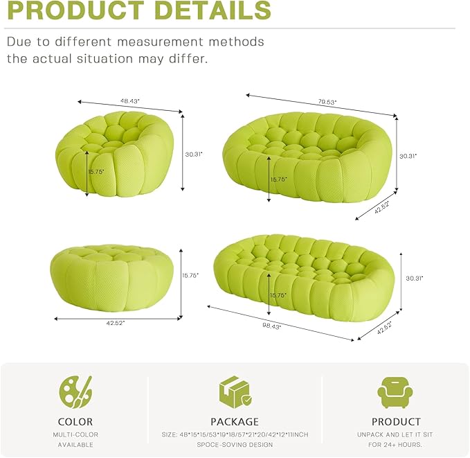 WJShome Bubble Couch,42" Modern Curved Sofa, Morden Lazy Floor Sofa, Memory Foam Bean Bag Floor Couch Lounge Chair for Living Room, Office, Apartment (Lemon Green)