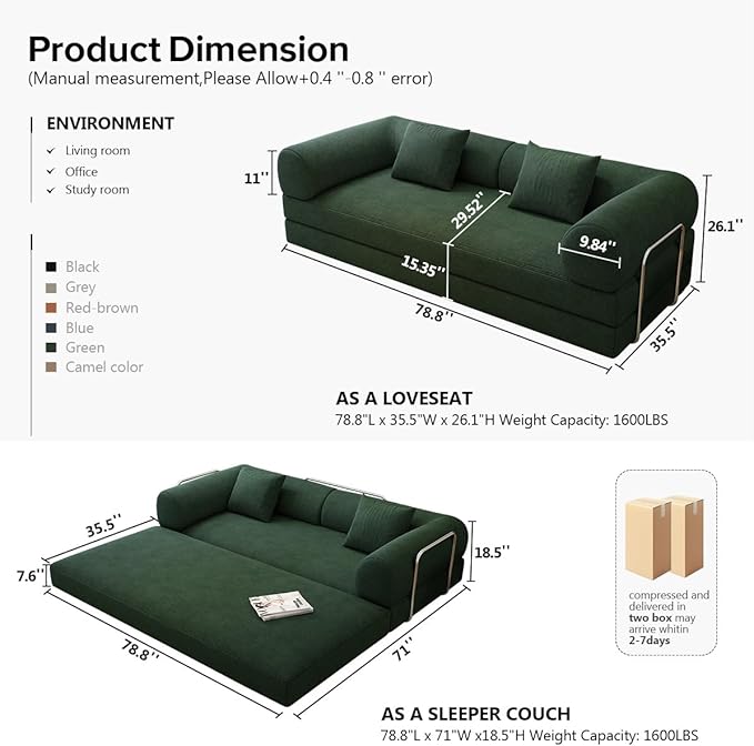 YUODL 78.8" Modular Sofa Bed - 4-in-1 Convertible Design with Corduroy Fabric and High Density Sponge, Removable Cover and Fixed Frame