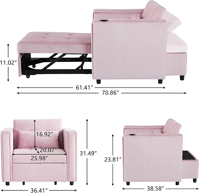 ORRD Convertible Chair Bed, 3-in-1 Multi-Functional Velvet Sleeper Sofa Pull-Out Couch Chair Bed with Adjustable Backrest and Hidden Side Table for Living Room, Small Space, Apartment (Pink)