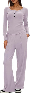 Darong Womens 2 Piece Matching Lounge Sets 2026 Long Sleeve Henley Shirts Wide Leg Pants Airport Travel Outfits