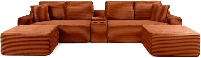 150" Oversized Modular Sectional Sofa, Deep Seat Cloud L-Shape Corduroy Couch with Cup Holders, USB Ports, Wireless Charging & Storage Box, Upholstered Modular Sleeper Sofa for Living Room (Orange)