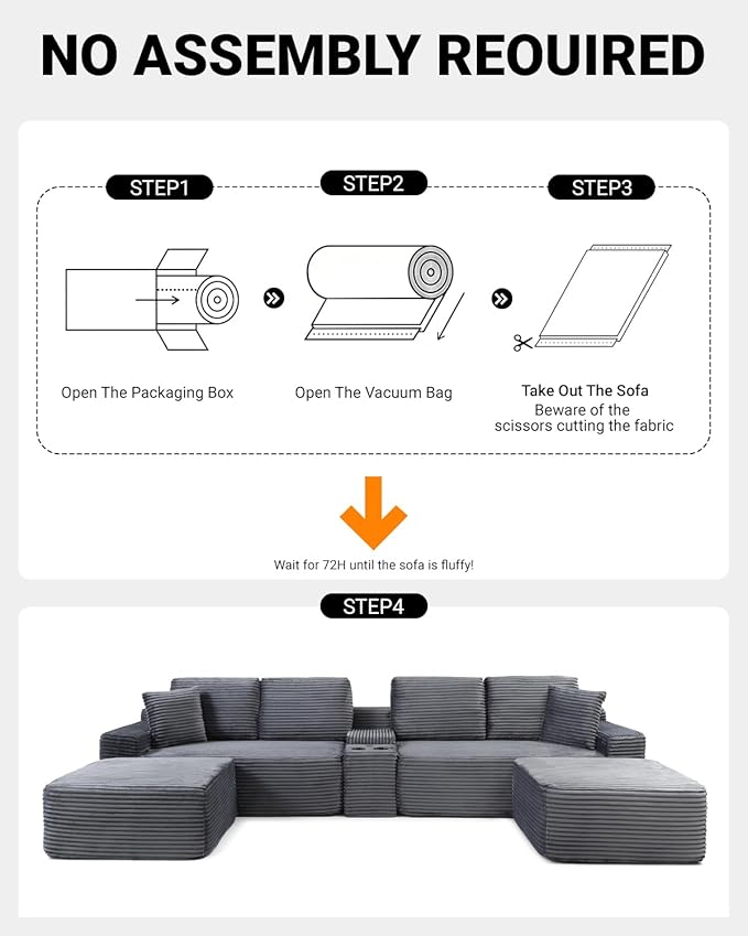 150" Oversized Modular Sectional Sofa, Deep Seat Cloud L-Shape Corduroy Couch with Cup Holders, USB Ports, Wireless Charging & Storage Box, Upholstered Modular Sleeper Sofa for Living Room (Grey)