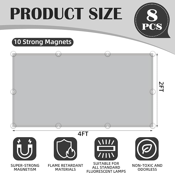 8 Pcs Fluorescent Light Covers - 4 x 2 Feet Covers for Ceiling Lights, Magnetic Light Filters for Classroom, Office, Hospitals, Home (Light Gray-2)