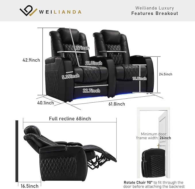 Weilianda Home Theater Seating Top Grain Leather Zero Gravity Recliner Chair Power Headrest Recline Movie Seat Gaming 7 Colors Mood Light Sofa with Tray Table USB Charge Row of 2 Black