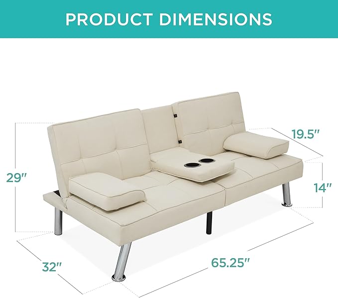 Best Choice Products Linen Modern Folding Futon, Reclining Sofa Bed for Apartment, Dorm w/Removable Armrests, 2 Cupholders - Ivory