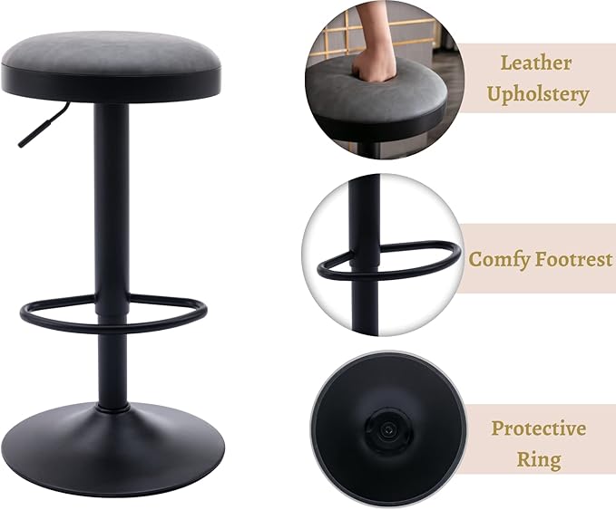 EALSON Modern Swivel Bar Stools Set of 4 Adjustable Counter Height Backless Barstools with Metal Base Leather Upholstered Round Bar Stool Chairs for Kitchen Island/Pub/Breakfast Bar, Grey
