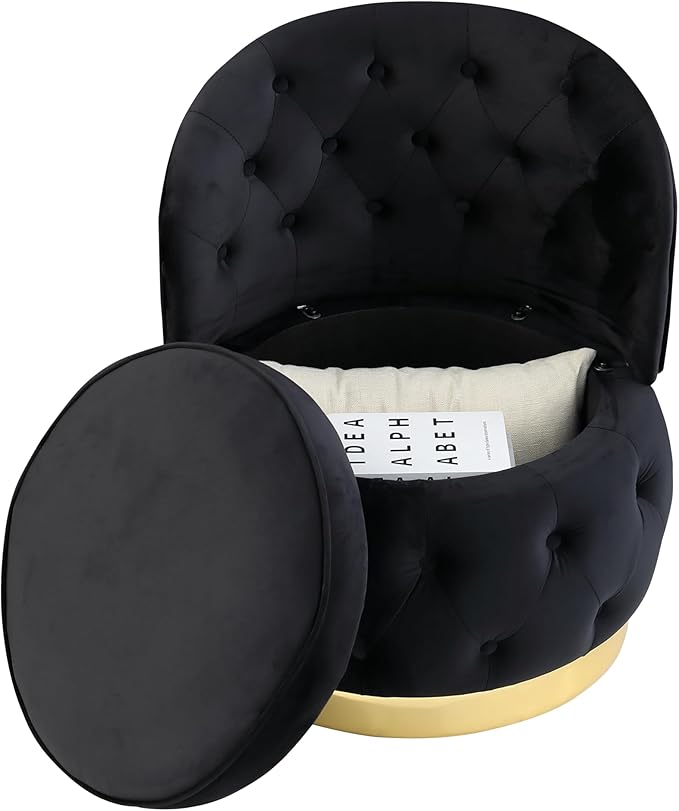 Barrel Chair with Storage, Velvet Round Armchair with Wheels, Soft Tufted Upholstered Easy Chair Tub Chair for Small Space, Living Room, Bedroom, Office, Waiting Room (Black)