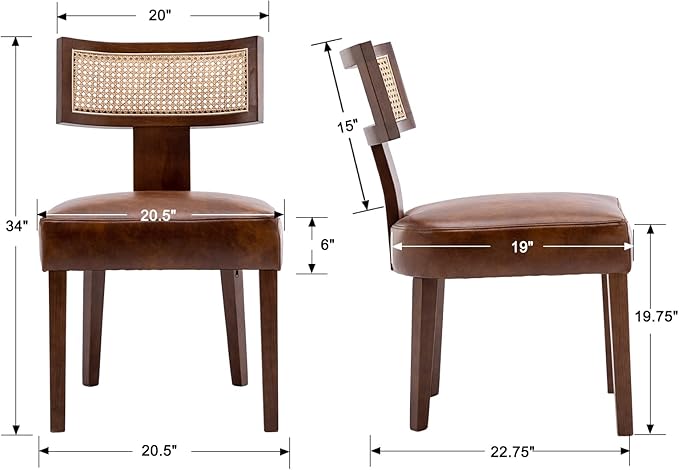 RIVOVA Modern Rattan Back Dining Chairs Set of 2 Rattan Kitchen Chairs PU Leather Upholstered Side Chairs, Modern Kitchen Armless Solid Wood Dining Chairs, Brown