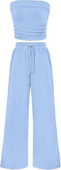 PRETTYGARDEN Womens Summer Outfits 2 Piece Sets Casual Ribbed Knit Crop Tube Top Wide Leg Pants Spring Matching Lounge Set