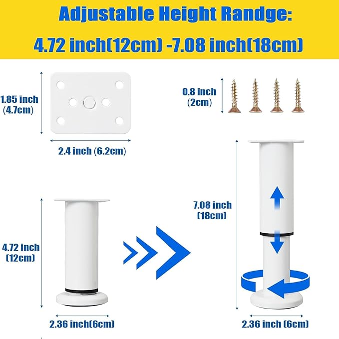 Olldag 6 PCS Adjustable Furniture Couch Cabinet Legs 4.72-7.48 Inch, Heavy Duty Adjustable Height Replacement Legs for Dresser/Sofa/Bed/Chair, Legs for Furniture Set of 6 (White)