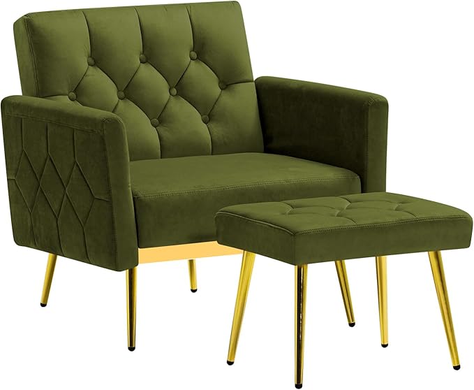 ACMEASE Velvet Accent Chair w/Adjustable Armrests and Backrests, Tufted Single Sofa with Ottoman, Upholstered Reading Chiar for Living Room, Apartment, Bedroom, Olive Green