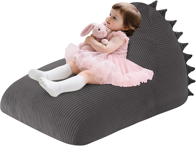 COMAX Bean Bag Chairs for Kids, Dinosaur Kid Beanbag Chair with Filler, Toddler Lounge Bean Chair Corduroy, Lazy Floor Lounger for Girls and Boys Stuffed, Grey