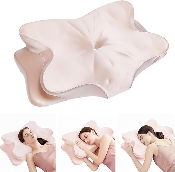 Cervical Neck Pillow for Neck Pain Relief - Ergonomic Memory Foam Neck Pillow with Silky Satin Cover, Orthopedic Neck Support for Side Sleepers, Gift for Women, Wife, Grandma (Pink)