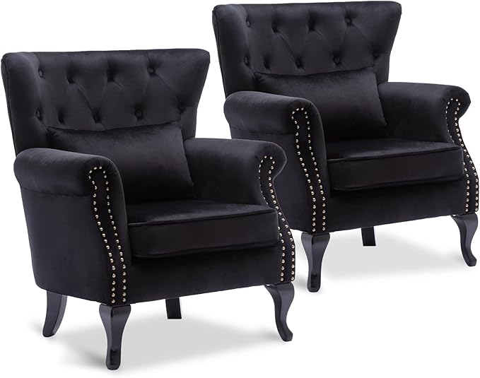 LZAREAL Accent Reading Arm Chairs Set of 2 for Living Room Bedroom, Midcentury Modern Comfy Corner Sofa Chair, Wingback Waiting Room Club Chair with Button Tufted Back &Lumbar Pillow, Velvet Black