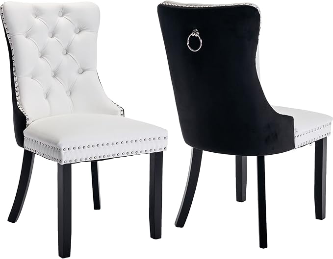 YeahFurn Modern Dining Chairs Set of 2, Tufted Upholstered Dining Room Chairs with Nailhead, PU Leather Front & Velvet Back, Solid Wood Legs, Kitchen Chairs, Sillas de Comedor (White & Black)