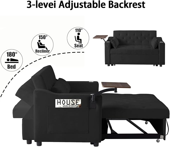 Auvsoce 53'' Convertible Sleeper Sofa Bed with Adjustable Backrest, Chaise Lounge, Side Table &Two Pillows – Stylish & Functional Addition to Any Living Room (Black Sofa)