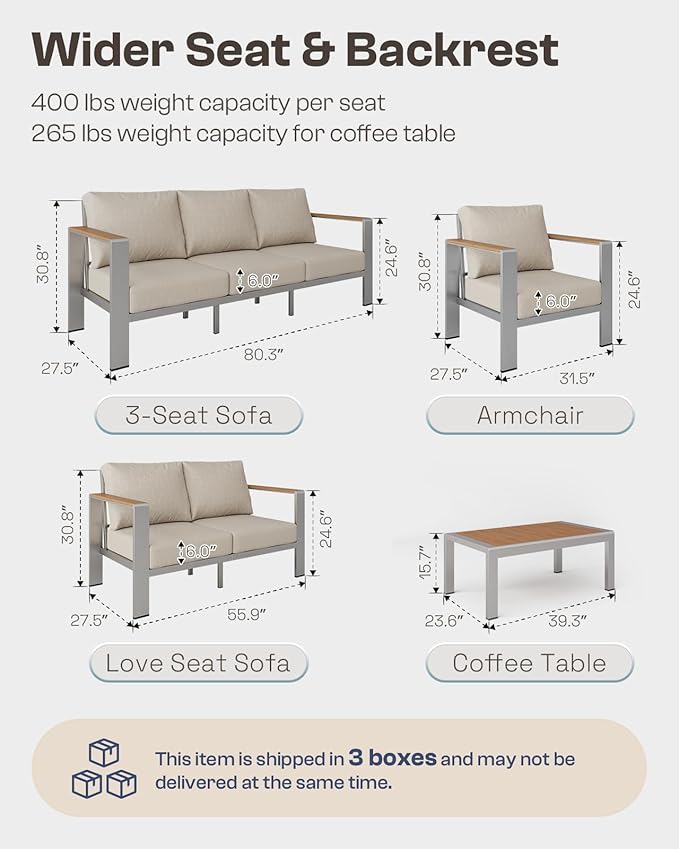 Oasbira Aluminum Outdoor Patio Furniture Set with Coffee Table, 4 Piece Patio Conversation Sets with Washable Thick Cushions, Outdoor Sectional Furniture Set for Porch, Balcony, Deck, Silver