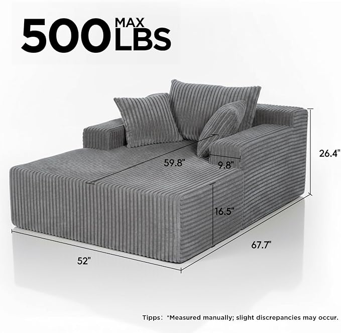 Sytopia Chaise Lounge with Armrests, Oversized Sofa Bed with 3 Pillows, Cozy Boneless Couch, Sleeper Reading Chair for Living Room Bedroom, Floor Sofa Corduroy, Furniture Sala, Urban Grey