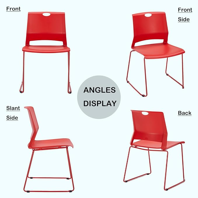 Red Stacking Chairs Set of 4, Modern Stackable Office Chairs with Wide Plastic Seat & Metal Sled Base for Waiting Room Break Room Conference Church Banquet Lobby