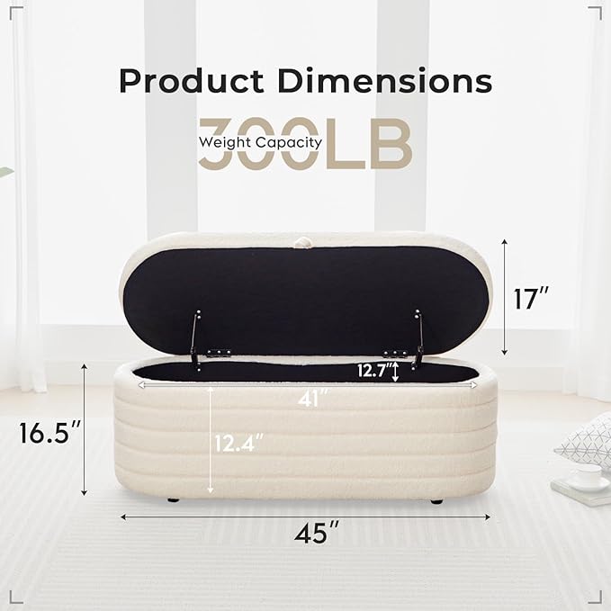 Storage Ottoman Bench End of Bed for Bedroom,45 inch Boucle Upholstered Entryway Shoe Seat Bench w/ Storage,Sherpa Modern Cute Padded Blanket Chest Stool Foot Rest for Living Room,Off-White