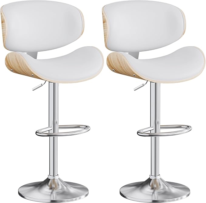 Aowos Bar Stools Set of 2, Adjustable Swivel Leather Bar Stools for Kitchen Island, Mid Century Modern Counter Height Bar Chairs Barstools with Back & Footrest (Cream White)