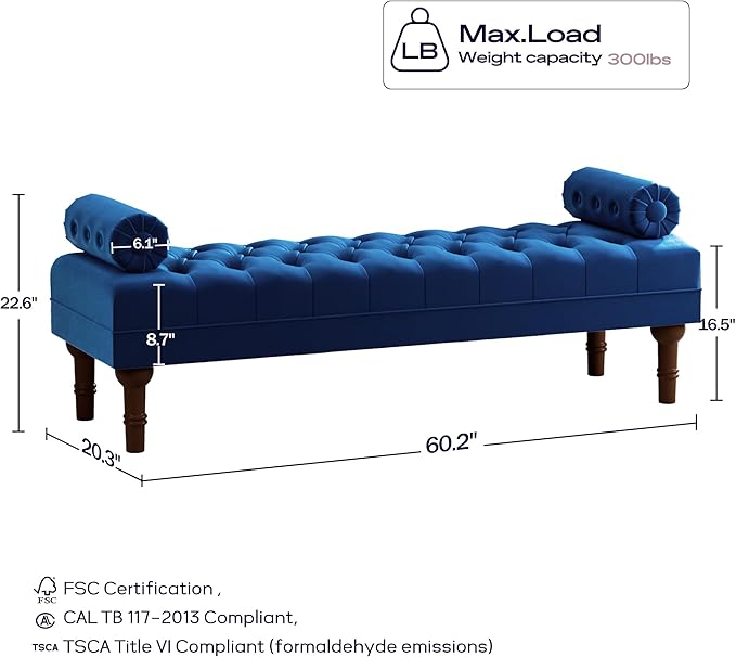 60.2" End of Bed Bench,Large Size Velvet Bench for Bedroom,Upholstered Window Bench with Button-Tufted,Entryway Bench,Storage Bench for Living Room(Blue)